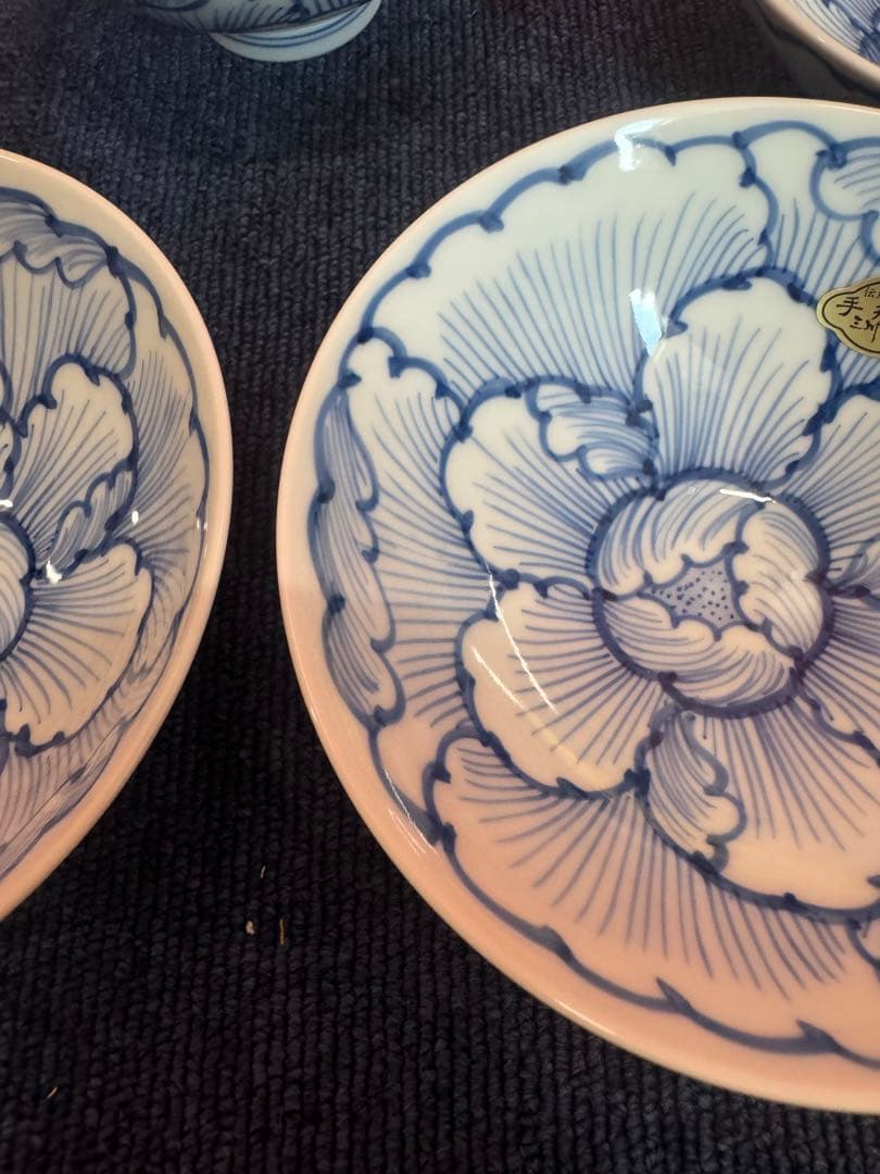 1968 三川内焼　嘉久正窯　手描き　牡丹　輪花小鉢　5客　未使用