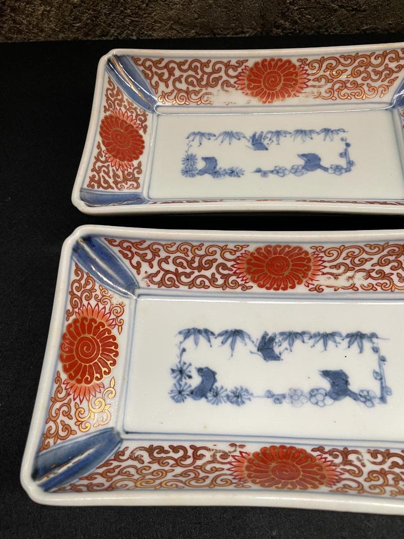 テ*モ様 江戸期 富貴長春 古伊万里 染付 金彩 色絵 骨董 長皿 蛸唐草紋 美