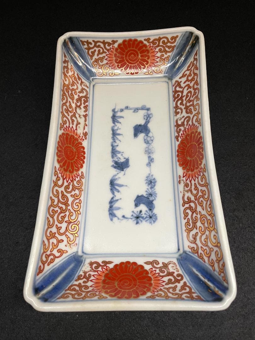 テ*モ様 江戸期 富貴長春 古伊万里 染付 金彩 色絵 骨董 長皿 蛸唐草紋 美