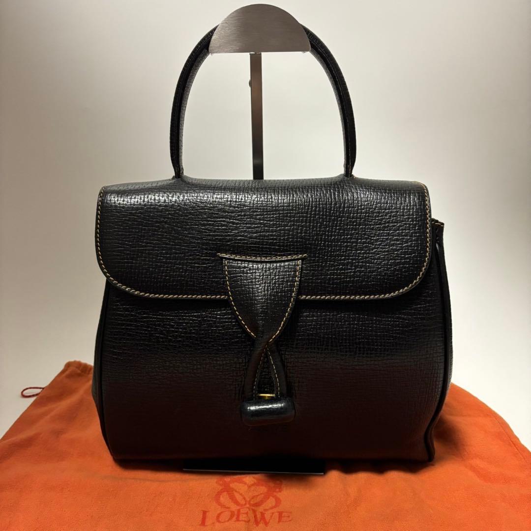 専用ロエベ レザー ハンドバッグ ターンロック ロゴ型押し 黒