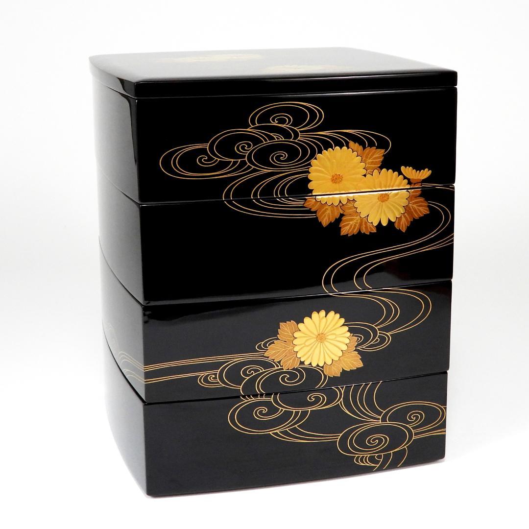 【まり】清光堂造 能登輪島塗 花筏蒔絵 四段重箱 台付 共箱