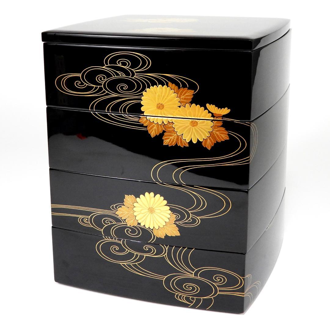 【まり】清光堂造 能登輪島塗 花筏蒔絵 四段重箱 台付 共箱