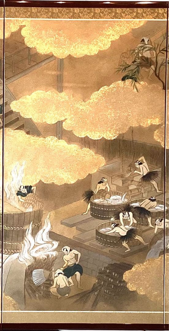 四つ折り屏風　日本画　和紙に金粉彩色　酒造り