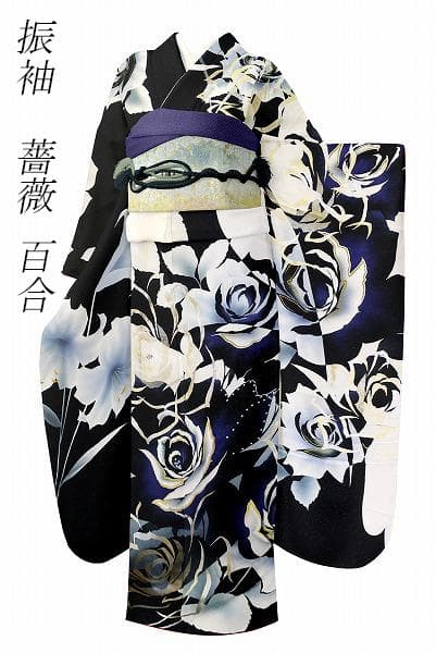 ★専用★美品 振袖 銀通し 黒 オフホワイト 薔薇 トールサイズ 身丈175cm