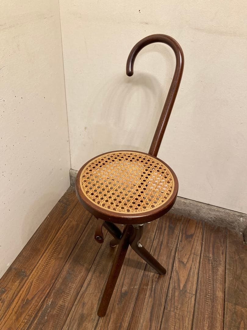 希少 秋田木工 折り畳み ステッキチェア 曲木椅子 籐張 ヴィンテージ 古道具