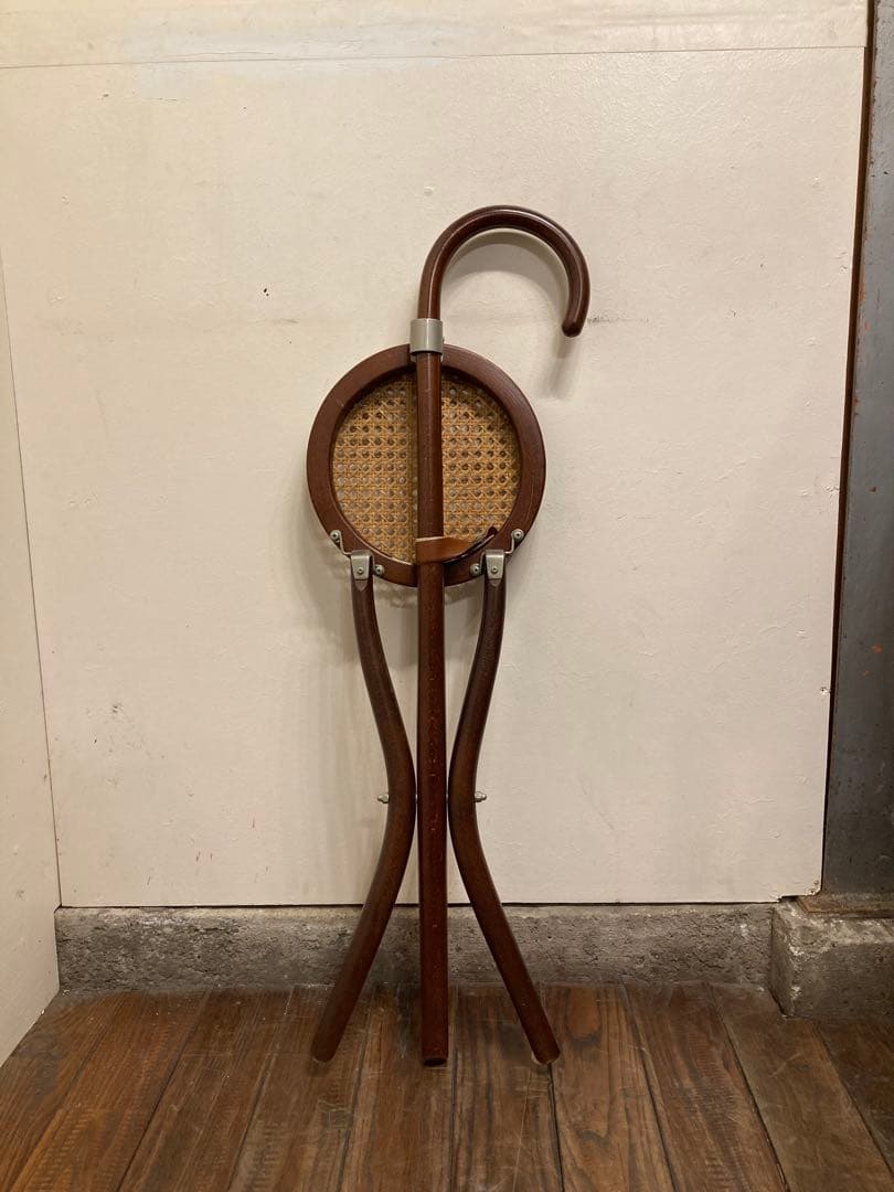 希少 秋田木工 折り畳み ステッキチェア 曲木椅子 籐張 ヴィンテージ 古道具