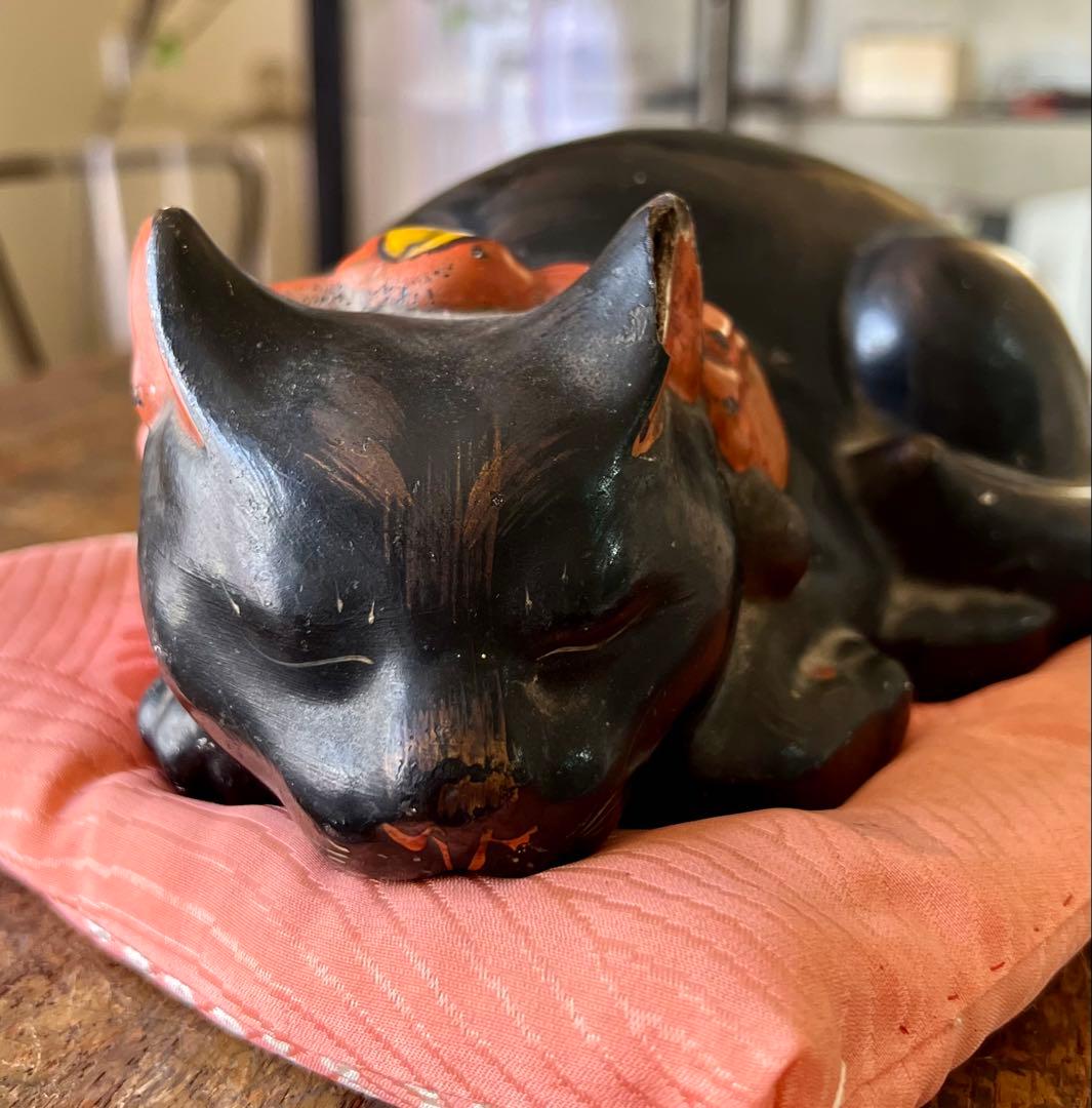 時代　アンティーク　黒猫　眠り猫　置物　レトロ　古道具　縁起物