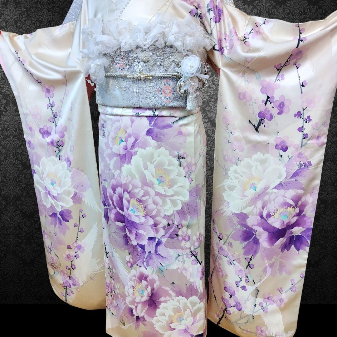 振袖フルセット(10点)・成人式・くすみ・高級手描き・大輪牡丹・胴裏正絹・逸品