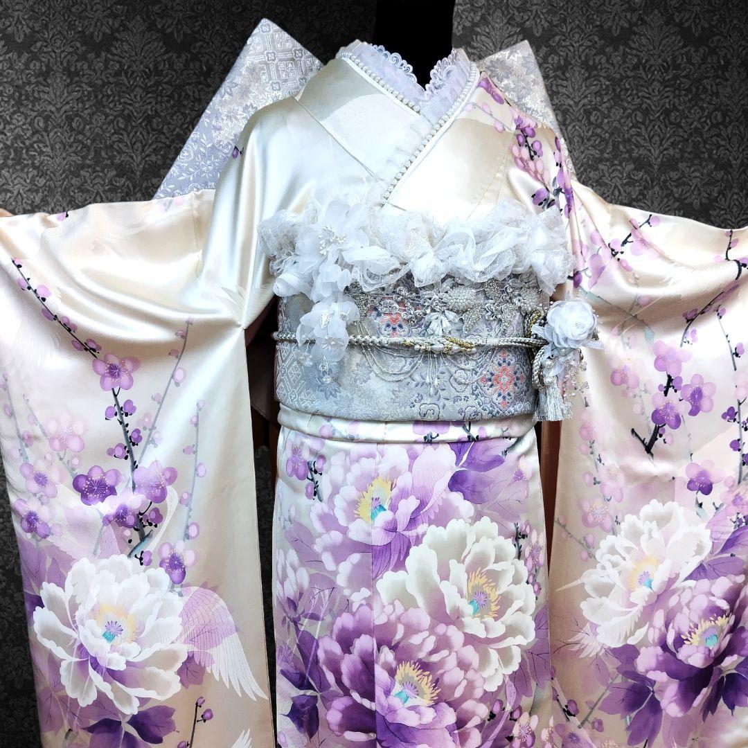 振袖フルセット(10点)・成人式・くすみ・高級手描き・大輪牡丹・胴裏正絹・逸品