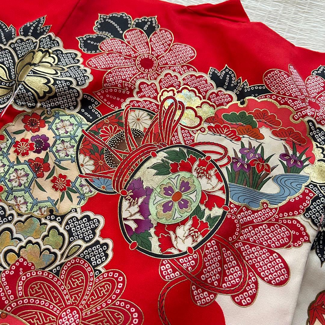 七五三 3歳 着物 753 絹 絞り柄 被布 三歳 赤 草履 金彩 女の子着物