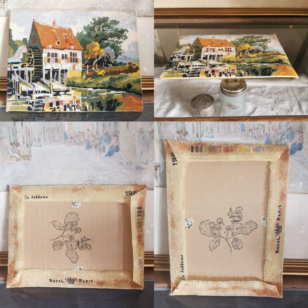 アンティーク イギリス ニードルワーク刺繍マット 水源 水と森と家と空 田園風景