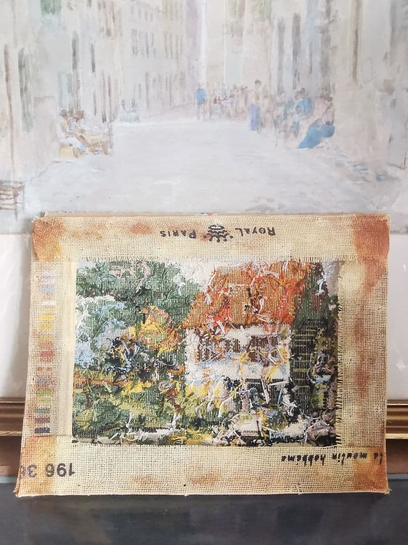 アンティーク イギリス ニードルワーク刺繍マット 水源 水と森と家と空 田園風景