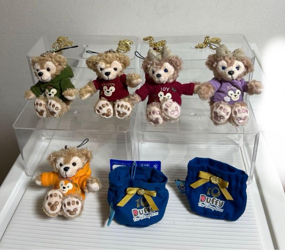 ディズニー、ダッフィー、シェリーメイぬいぐるみバッチ、10周年ストラップチェーン