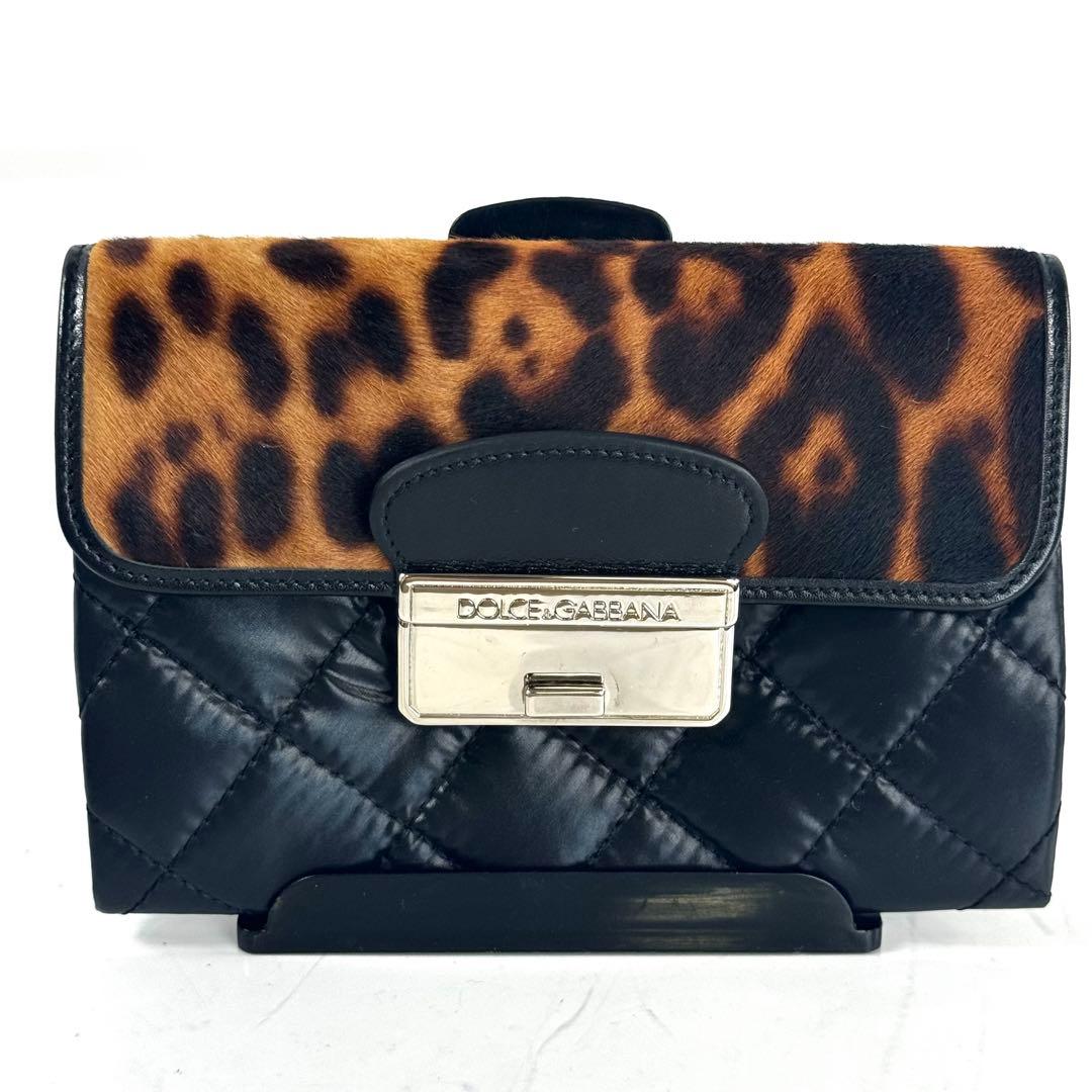 【美品】ドルチェアンドガッバーナ　財布　フラップ　レオパード　ナイロン　ハラコ