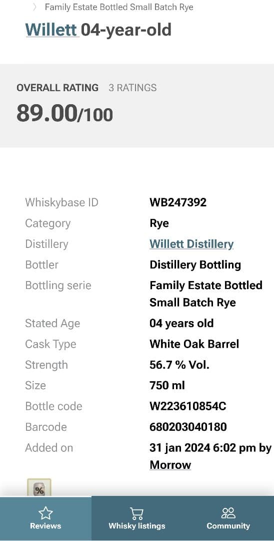 ウィレット ファミリーエステート ライ 4年 限定 2024年 Willett