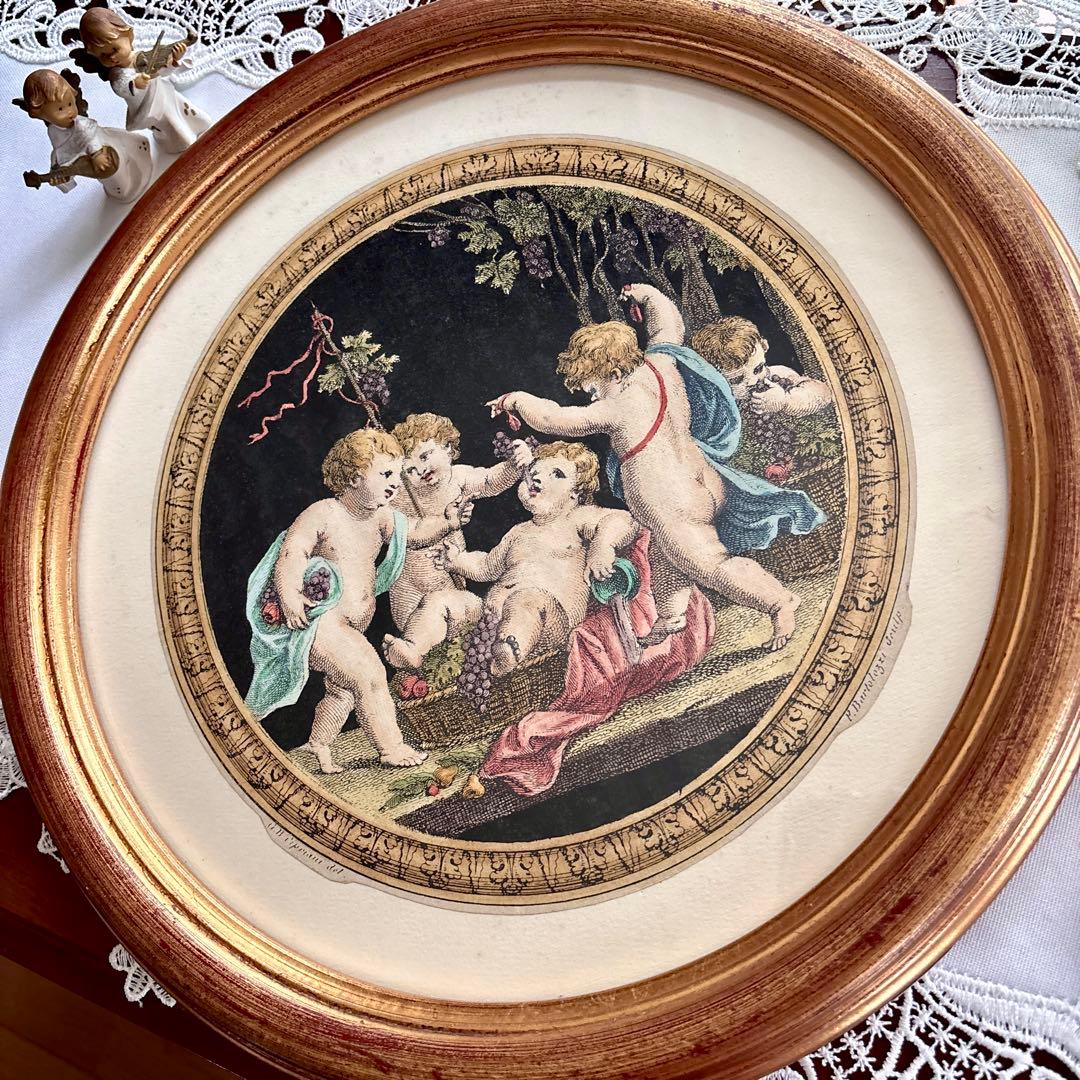 イタリア製 アンティーク彫刻サイドボード(ドイリー付き)天使の絵画はオマケ☆