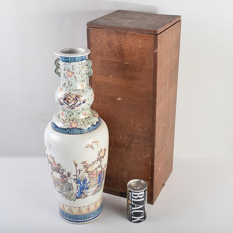 中国　大清光緒年製款　粉彩　漢詩仕女文　双耳瓶　時代箱付　M　R9316B