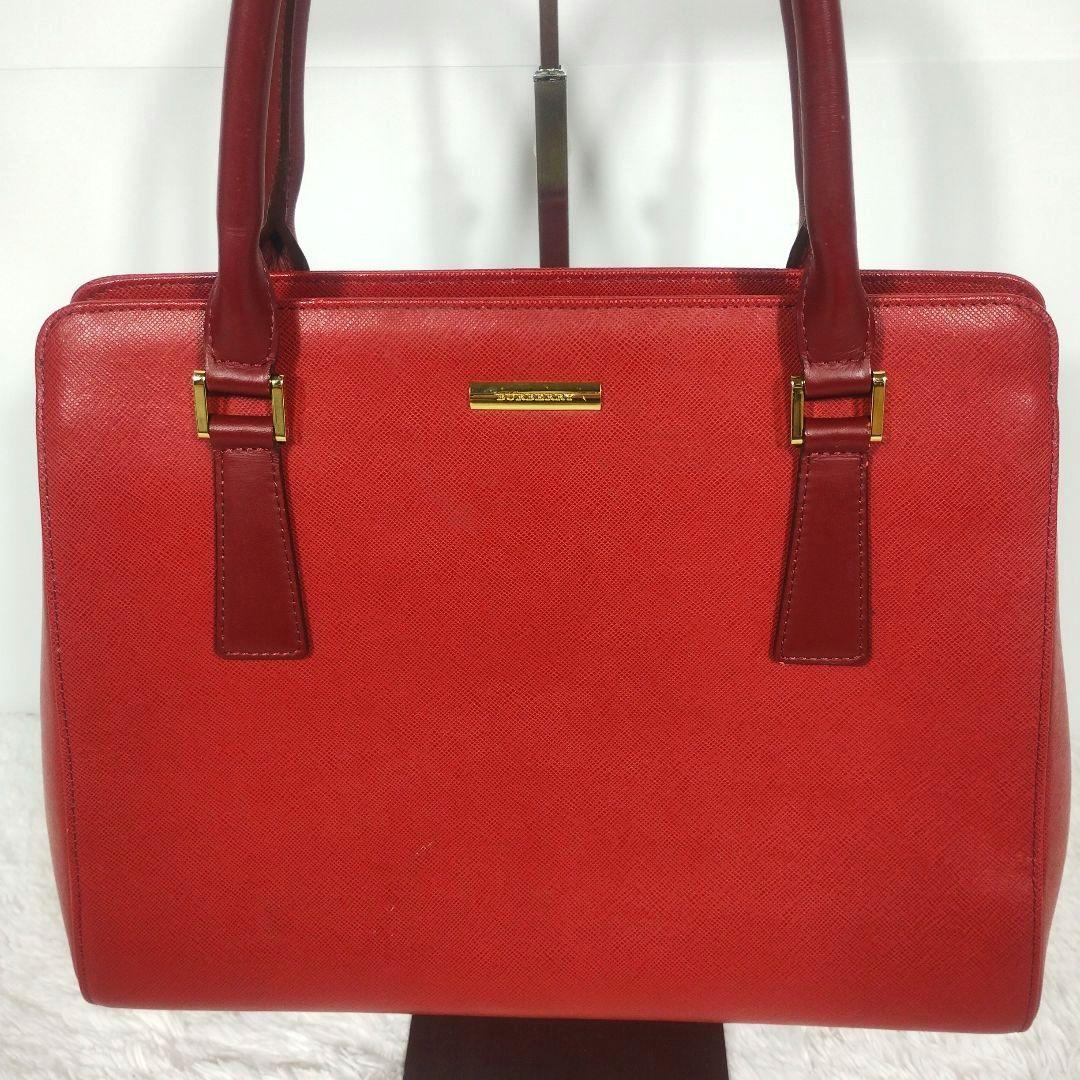 BURBERRY レザー ハンドバッグ メタルロゴ 赤 ノバチェック A4可