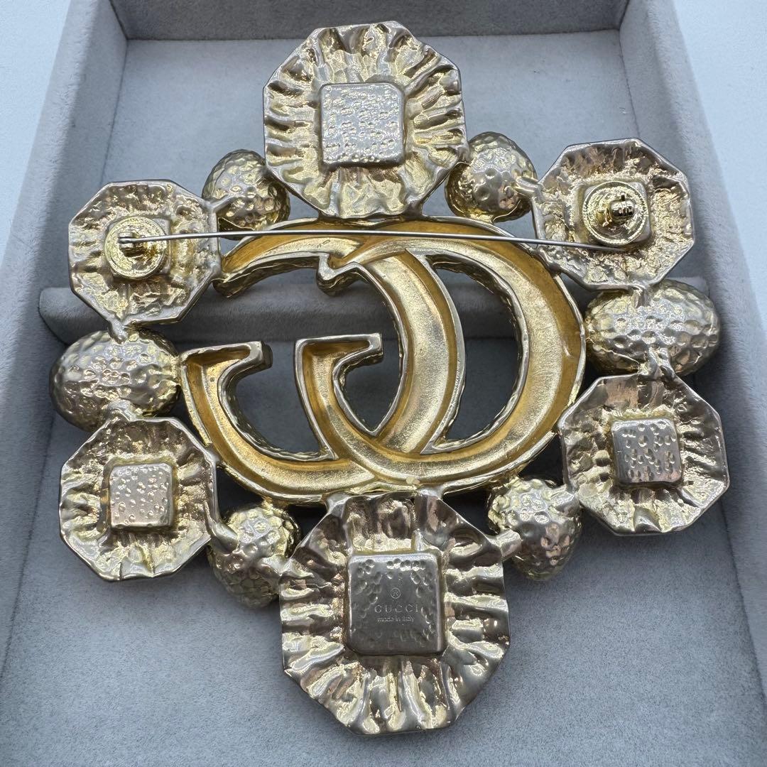 【ヴィンテージ】GUCCI ブローチ　カラーストーン　GG ゴールド　大きめ