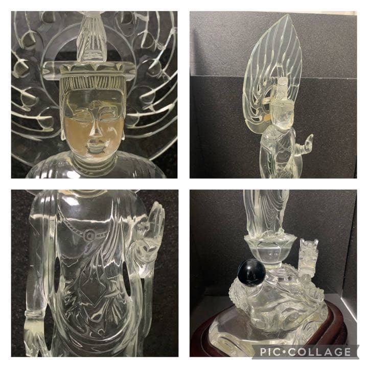 天然水晶　クリスタル　観音菩薩像　龍頭観音　台座付　クオーツ　仏教美術　オブジェ