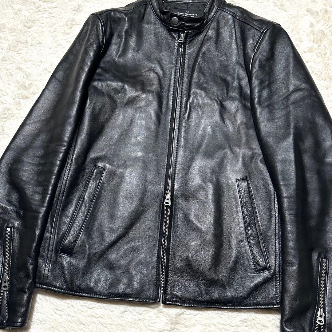 美品 希少L ナノユニバース ラムレザー シングルライダースジャケット 羊革 黒