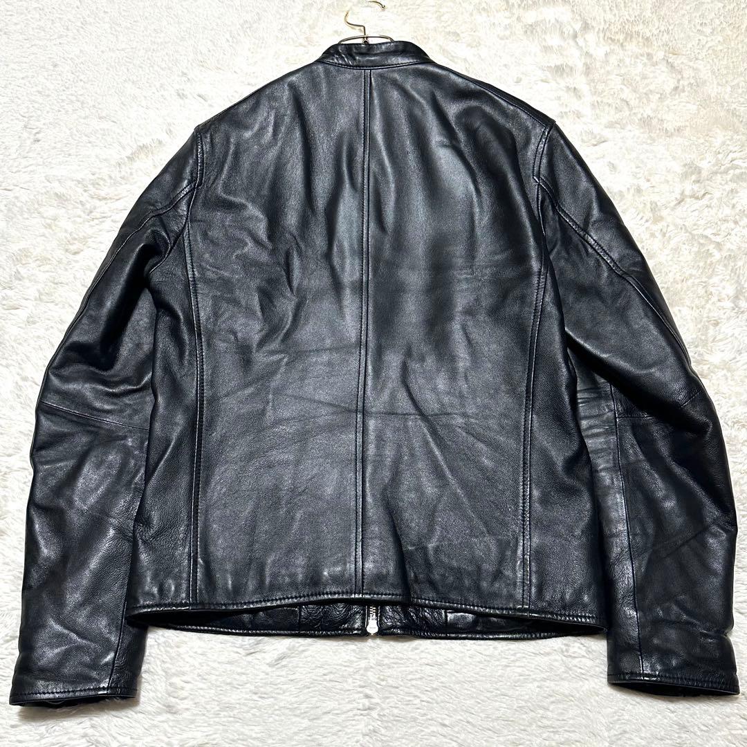 美品 希少L ナノユニバース ラムレザー シングルライダースジャケット 羊革 黒