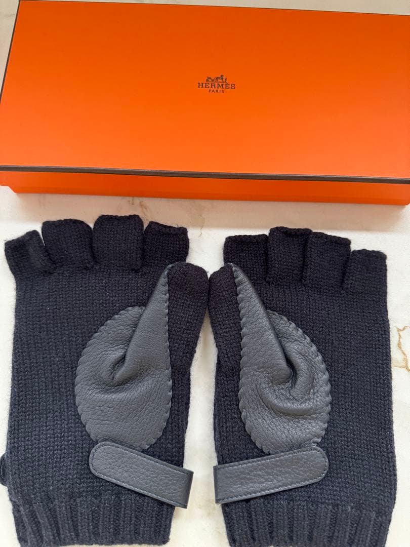 HERMES ダークネイビー 指なしグローブ カシミア×レザーLsize箱付