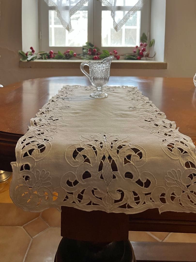 ◆フランスアンティーク｜希少・未使用の手刺繍センタークロス、レース長方形、ロング