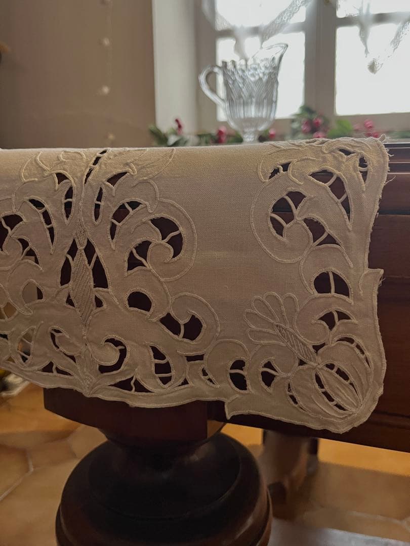 ◆フランスアンティーク｜希少・未使用の手刺繍センタークロス、レース長方形、ロング
