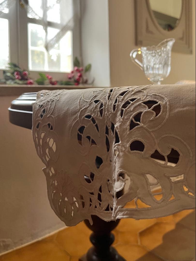 ◆フランスアンティーク｜希少・未使用の手刺繍センタークロス、レース長方形、ロング