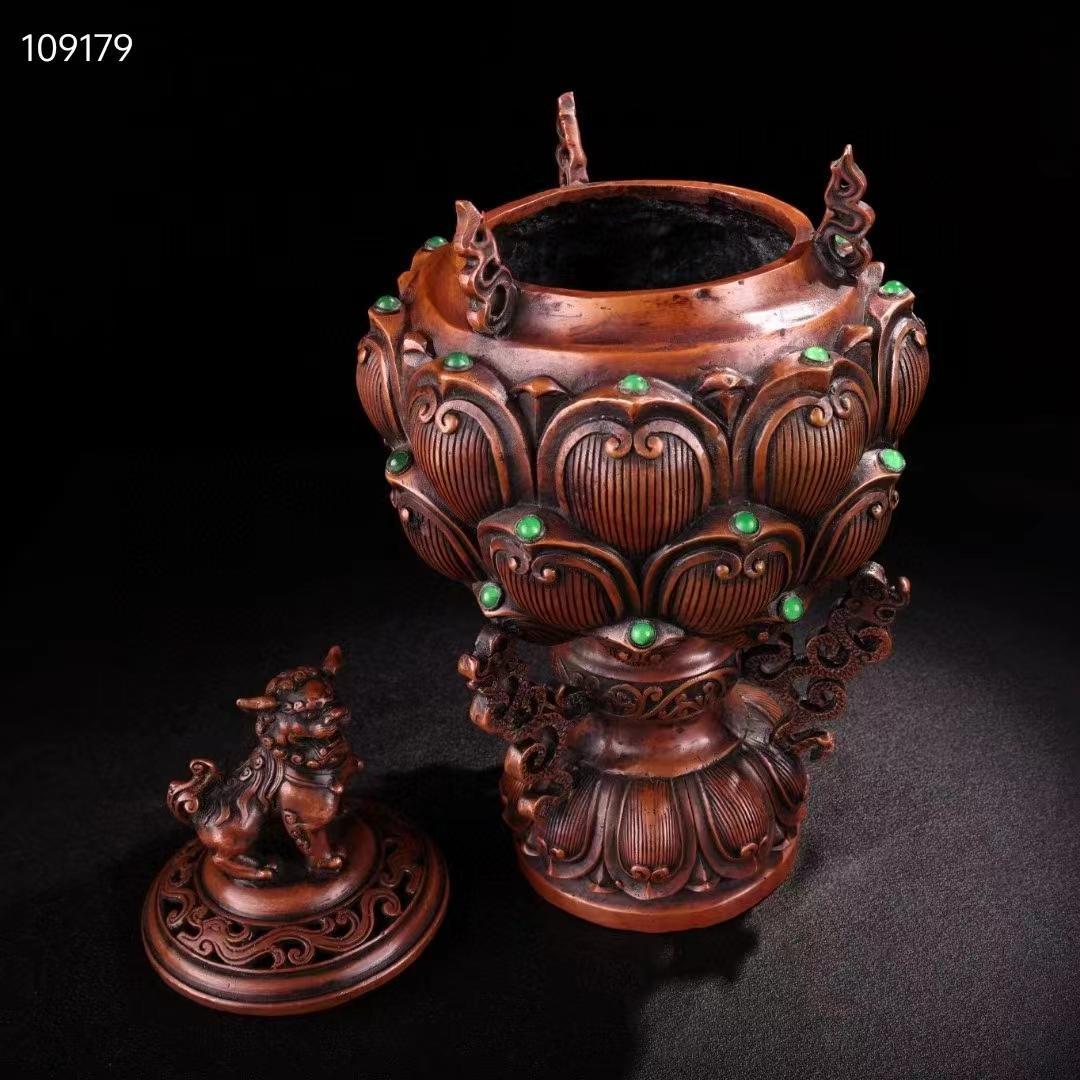 中国古美術・全銅・純手作り、宝石をはめ込み・獅子蓋香爐・熏香爐・置物・文房具