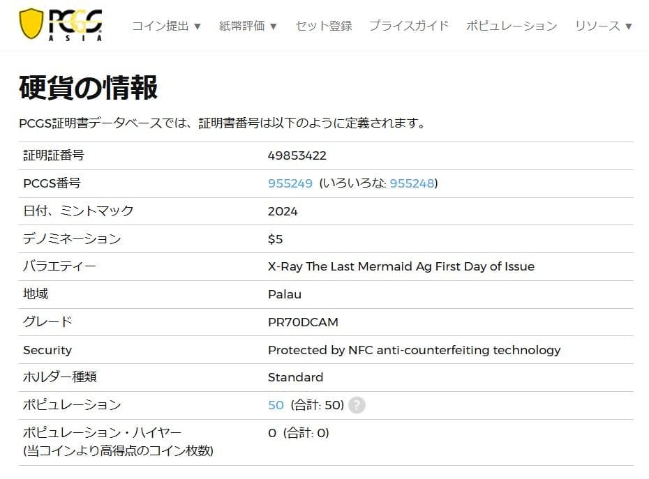 【傑作】2024 パラオ 人魚のレントゲン銀貨【PCGS PR 70 DCAM】