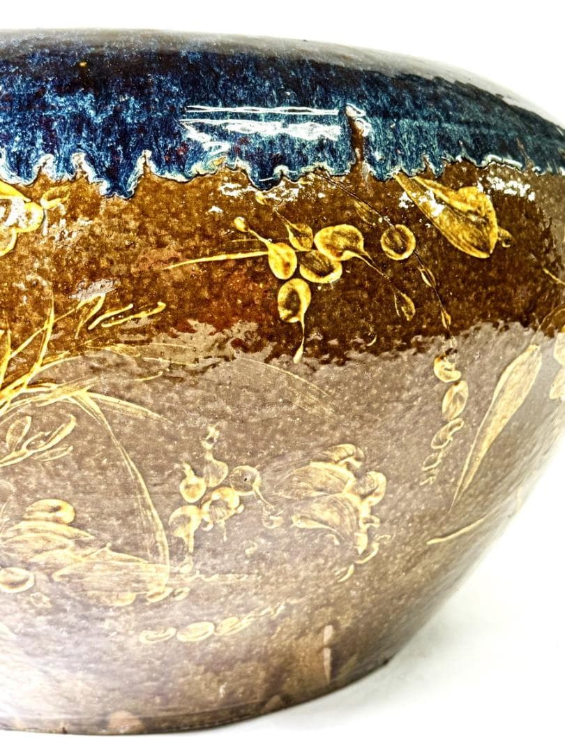 清時代 乾隆・嘉慶年間葛明祥造特注品 海鼠釉黄釉花鳥文火鉢 特大WWTT152