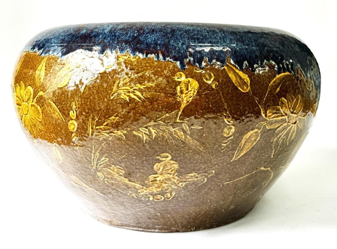 清時代 乾隆・嘉慶年間葛明祥造特注品 海鼠釉黄釉花鳥文火鉢 特大WWTT152