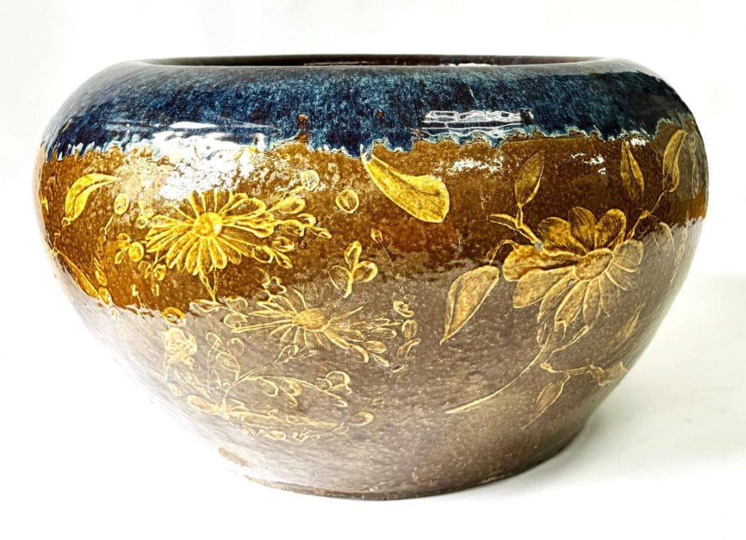 清時代 乾隆・嘉慶年間葛明祥造特注品 海鼠釉黄釉花鳥文火鉢 特大WWTT152