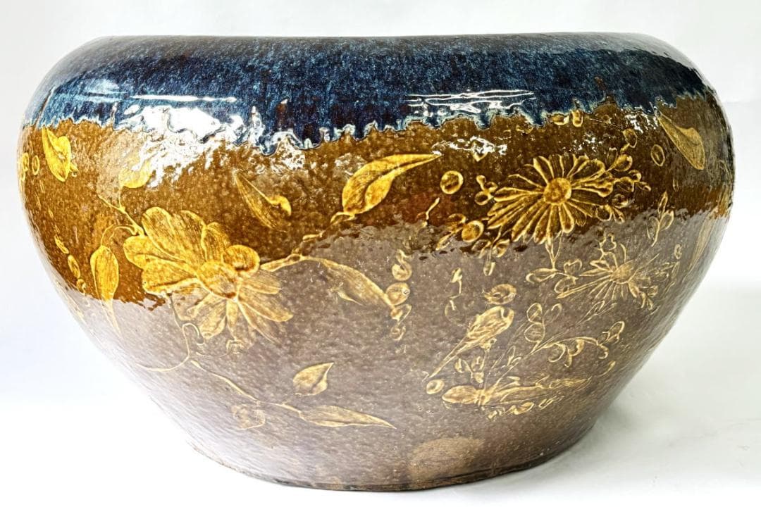 清時代 乾隆・嘉慶年間葛明祥造特注品 海鼠釉黄釉花鳥文火鉢 特大WWTT152