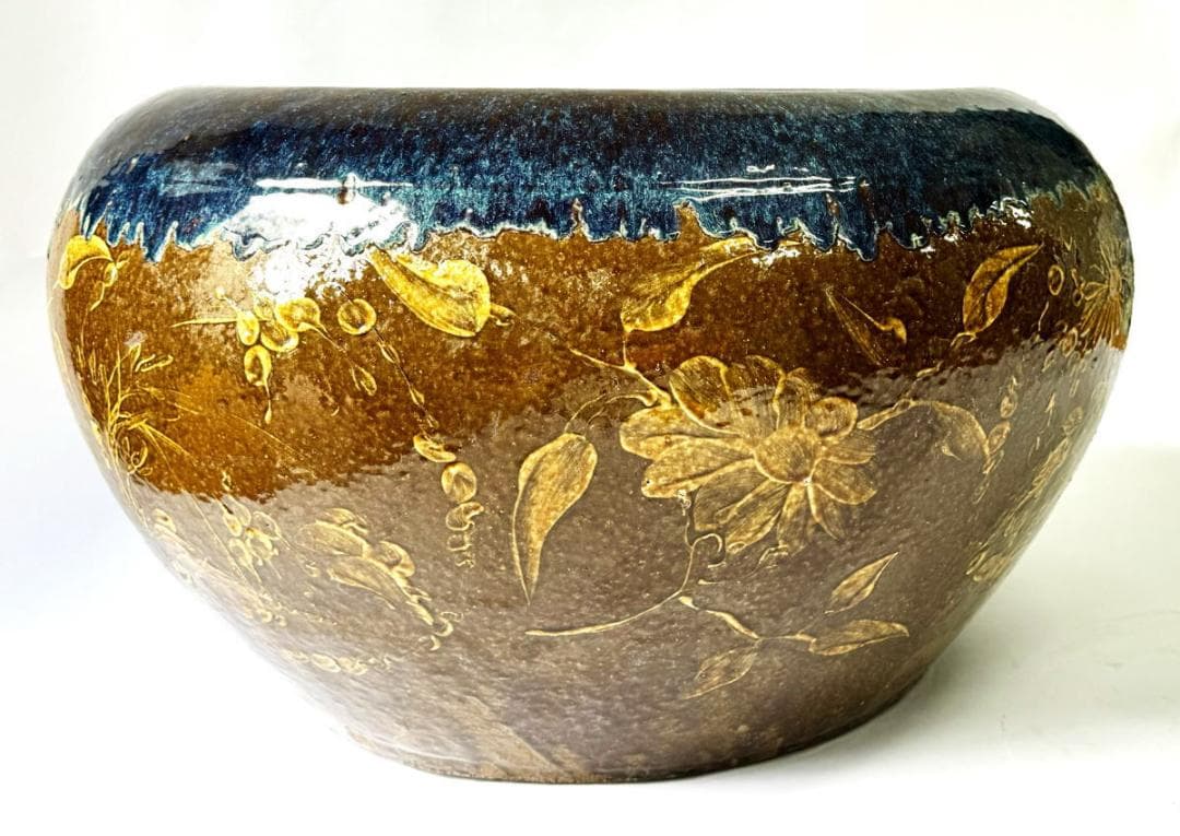 清時代 乾隆・嘉慶年間葛明祥造特注品 海鼠釉黄釉花鳥文火鉢 特大WWTT152