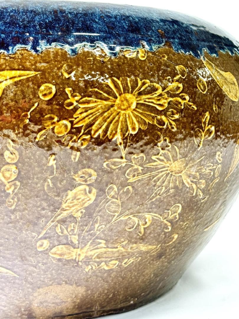 清時代 乾隆・嘉慶年間葛明祥造特注品 海鼠釉黄釉花鳥文火鉢 特大WWTT152