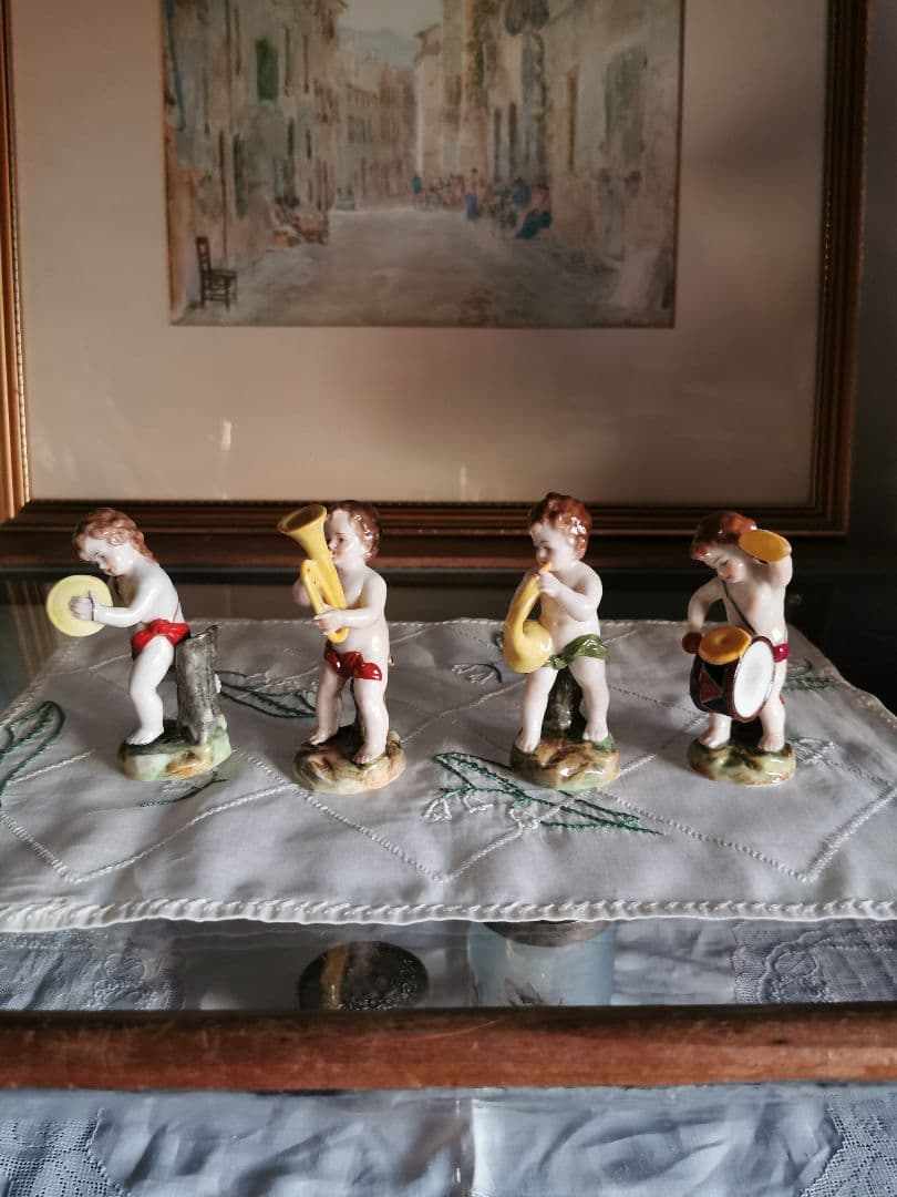 アンティークドイツ子供天使吹奏楽隊フィギュリン ペット＆ホルン＆ドラム＆シンバル