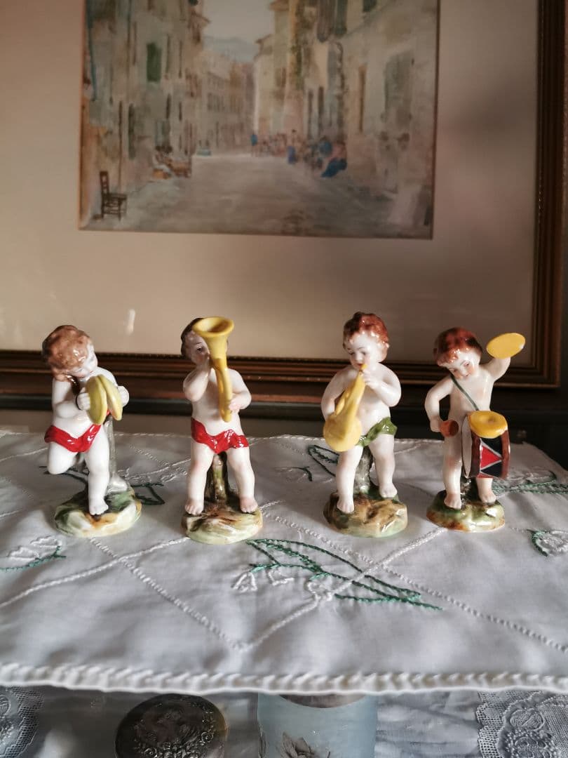 アンティークドイツ子供天使吹奏楽隊フィギュリン ペット＆ホルン＆ドラム＆シンバル