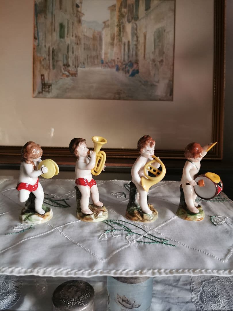アンティークドイツ子供天使吹奏楽隊フィギュリン ペット＆ホルン＆ドラム＆シンバル