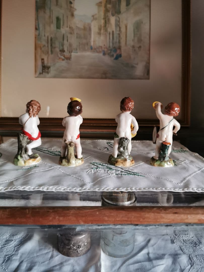 アンティークドイツ子供天使吹奏楽隊フィギュリン ペット＆ホルン＆ドラム＆シンバル