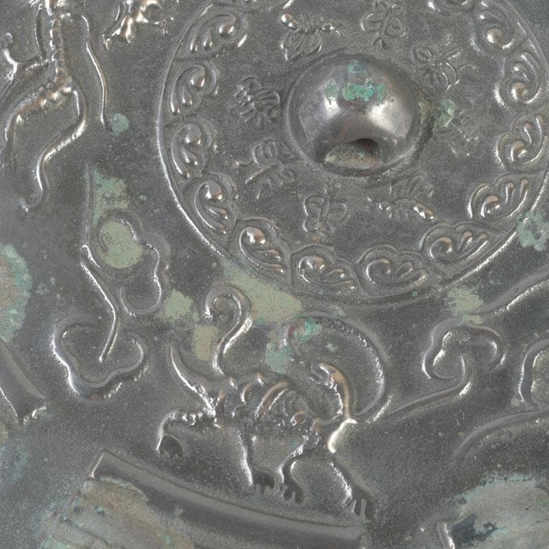 中国　古銅青銅　神獣文　銅鏡　古鏡　紙鎮　文鎮　時代箱付　M　9273E