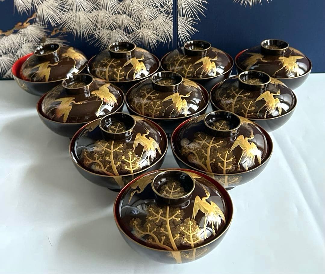 輪島塗　天然木製　松鶴模様 金蒔絵　蓋付き椀 吸物椀　10個セット