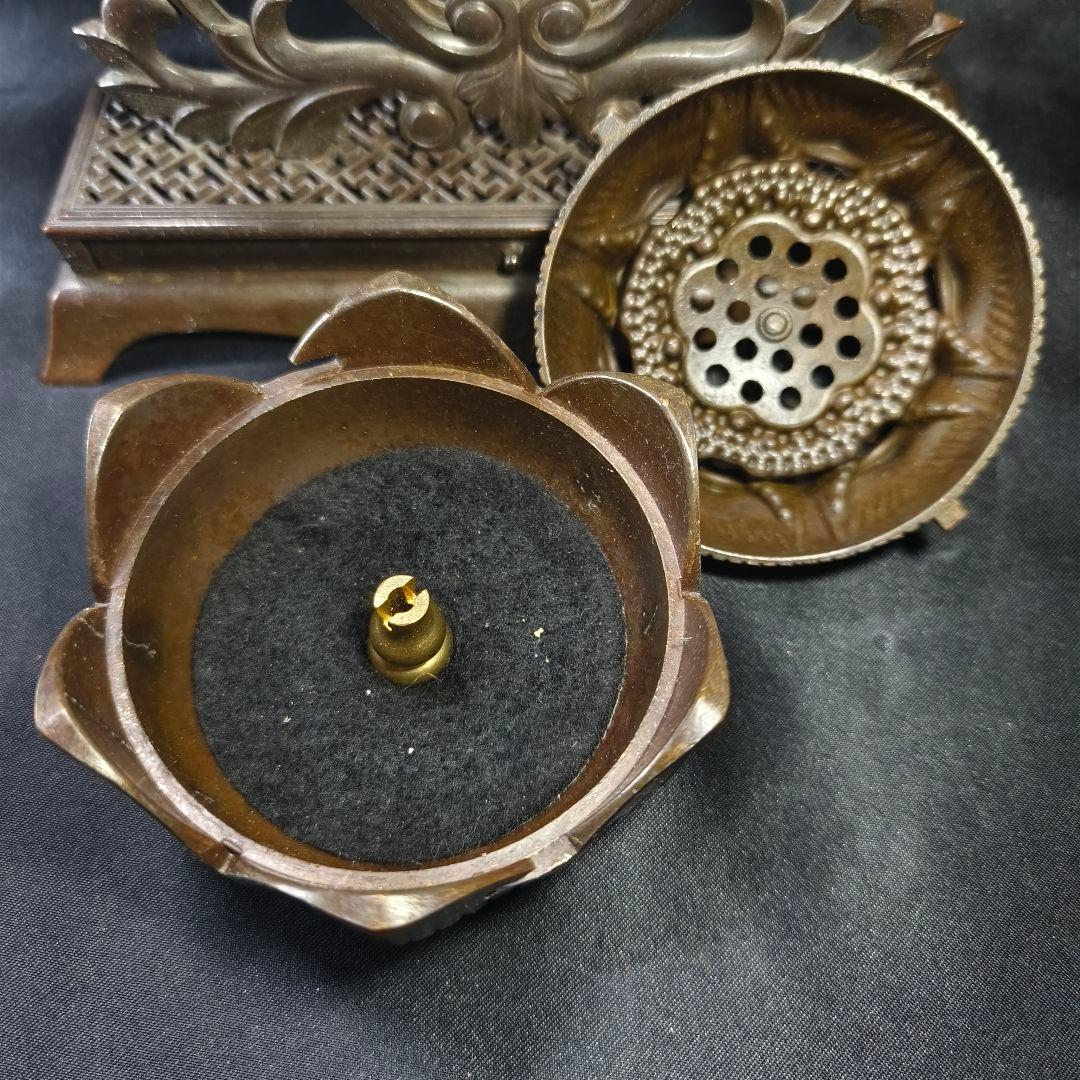 香道具 吊香炉 蓮炉花鳥文 高岡銅器 引出し付 骨董 旧家蔵出し美品 送料無料