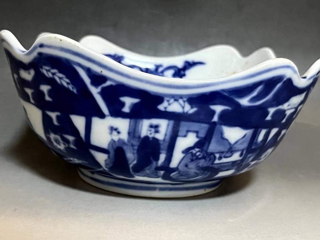 鉢■染付 唐人 窓人物絵 年号印有 ベロ藍 古玩 中国 古美術 時代物 骨董品■
