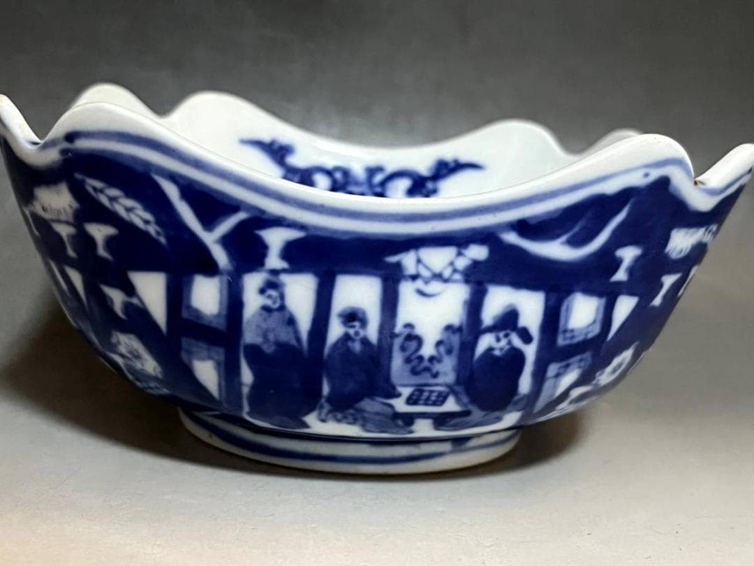 鉢■染付 唐人 窓人物絵 年号印有 ベロ藍 古玩 中国 古美術 時代物 骨董品■