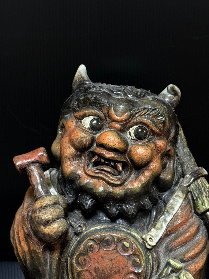 名人 三平 造 陶製 極上彩色手捻 鬼の寒念仏 大津絵 置物