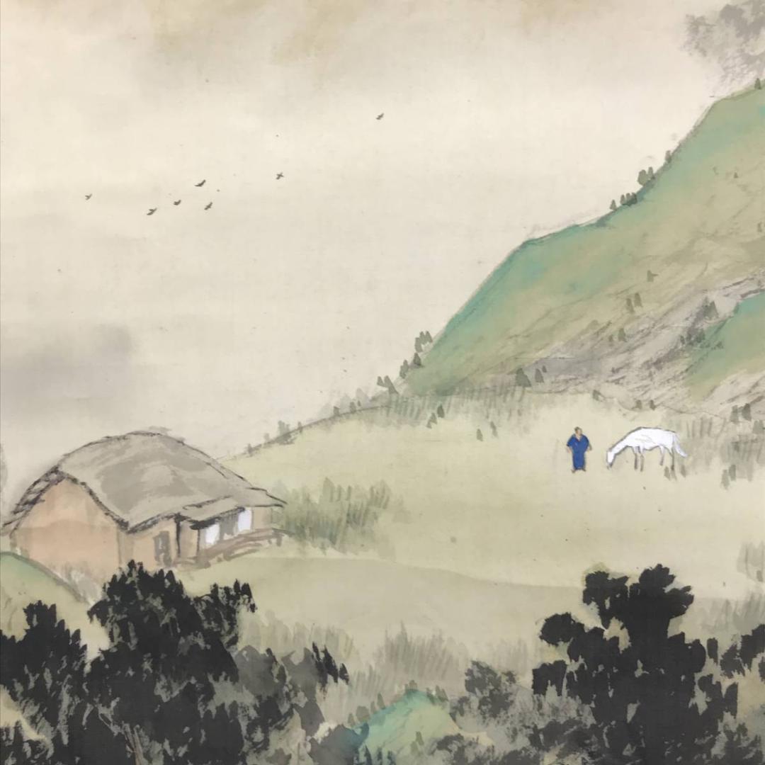 【真作】押田翠雨/春馬人物図/山水図/春景山水図/掛軸☆宝船☆AD-650