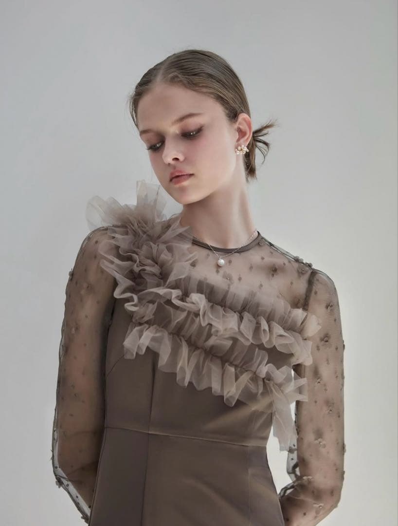 LEJAフラワーモチーフアシンメトリーチュールマーメイドワンピースドレス